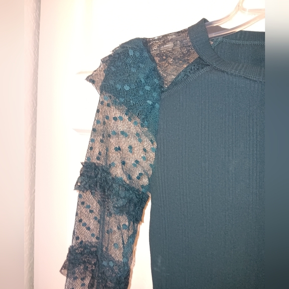 Free People Kiss Kiss 💋 Teal Swiss Dot Mesh Long Sleeve Top. Size S. - Picture 7 of 9